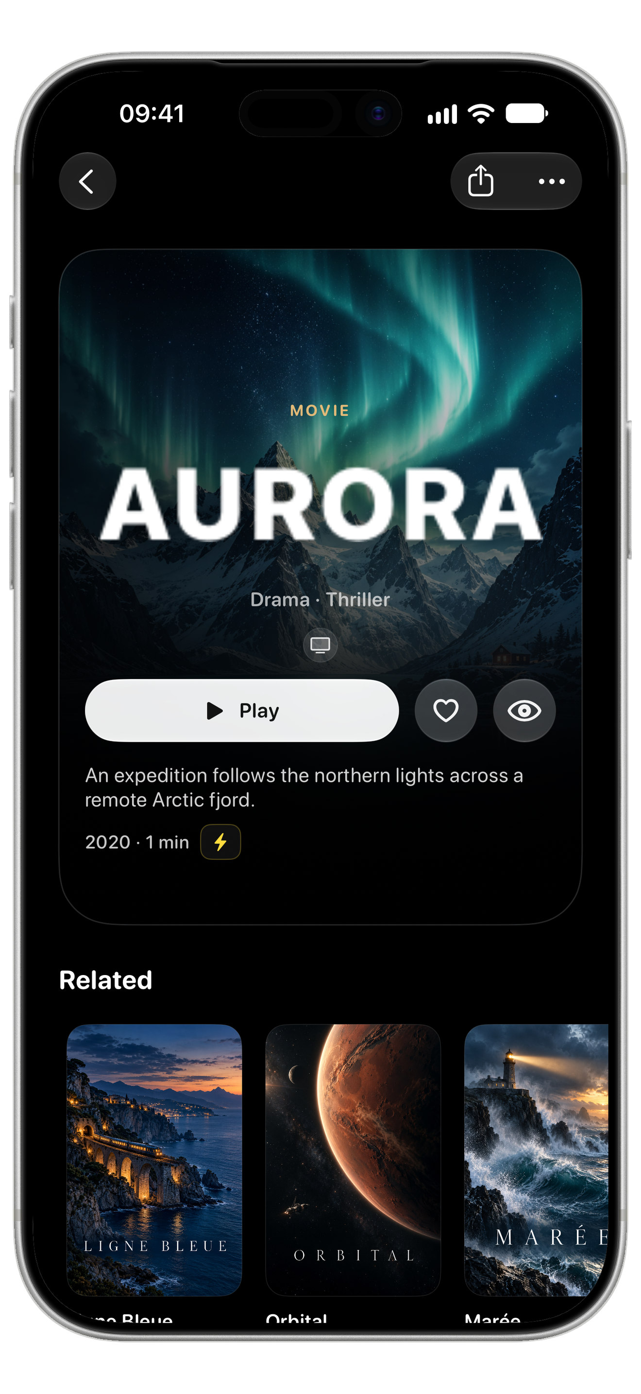 ReelFin iPhone movie details with playback controls and related titles.